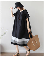 Women Square Neck Short Sleeve Loose Stitching Dress