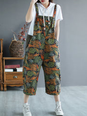 Women Casual Denim Print Stitching Strap Casual Pants