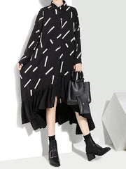 Printed Falbala Lapel Shirt Midi Dress