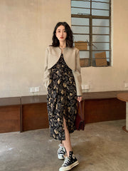 Floral Printed Long Sleeve Skinny Waisted Midi Dress