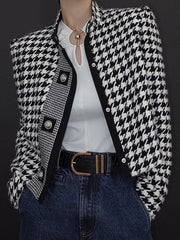 Stylish Long Sleeves Loose Houndstooth Stand Collar Jackets