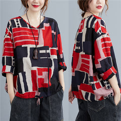 Printed V-Neck Loose Plus Size T-Shirt