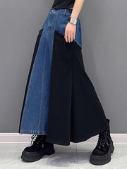 Buttoned Contrast Color Split-Joint A-Line Roomy Denim Skirts Bottoms