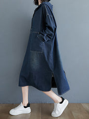 Hooded Denim Loose Splited Maxi Dress