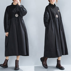 Loose Pleated Puff Sleeve Black Stitching Midi Dress