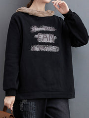 Women Plus Velvet Print Stitching Hooded Sweatshirt