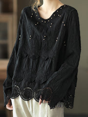 Solid Embroidered Long Sleeves Lace T-Shirt