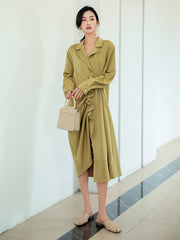 V-Neck Lapel Solid Long Sleeves Midi Dress