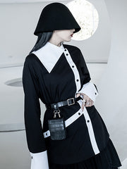 Women Irregular Contrasting Color Large Lapel Collar Casual Shirt