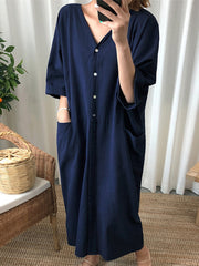 Loose V-Neck Half Sleeves Solid Maxi Dress