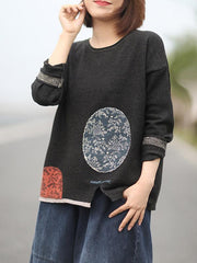 Vintage Jacquard Split-Front Button Round Neck Sweater