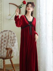 Casual Loose Solid Color Lace V-Neck Midi Pajamas Dress