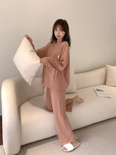 Casual Loose Solid Long Sleeves T-Shirt Top & Pants Pajamas Set