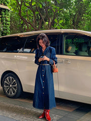 Vintage Buttoned Denim Dress With Belt