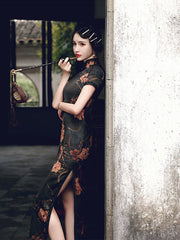 Stand-Up Collar Printed Slouchy Slim Fit Short Sleeve Cheongsam With High Slit Maxi Dress