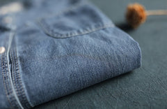 Vintage Button-Down Denim Stand-Up Collar Shirt