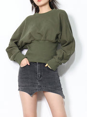 Simple Dark Green Round Neck Short Sweatshirt