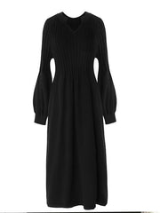 V-Neck High Waist Solid Color Long Sleeve Straight Dress