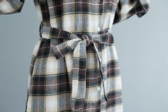 Women Lapel Plaid Casual Shirt Midi Dress