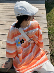 Loose Embroidered Printed Striped Crew Neck T-Shirt