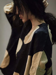 Linen Polka-Dot V-neck Long Sleeves T-shirt