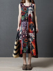 Red Printed Sleeveless Long Dress