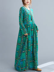 Women Retro Print Long Sleeve Dress