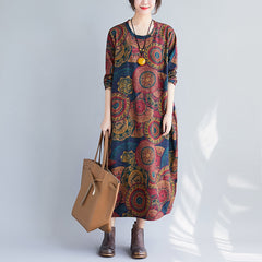 Retro Plus Size Print Loose Long Sleeve Dress