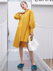 Loose Ruffled Solid Asymmetric Shirt Dress