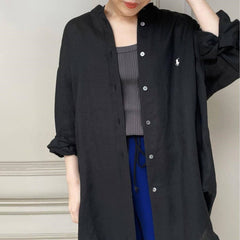 Black Casual Stand Collar Long Sleeve Shirt