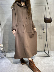 Casual Hooded Drawstring Maxi Dress With Large Pockets
