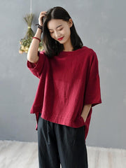 Solid Color Loose High-Low Round Neck Splicing T-Shirt