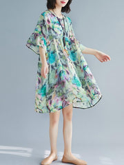Two-Pieces Loose Floral Round Neck Dress And Suspender Suit