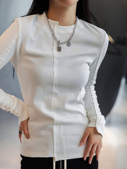 Simple Black Irregular Collar Stitching Casual Long-Sleeved T-Shirt