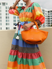 Puff Sleeves Belted Multi-Colored Split-Joint Striped V-Neck Maxi Dresses