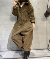 Retro Personality Lapel Collar Solid Color Jumpsuit