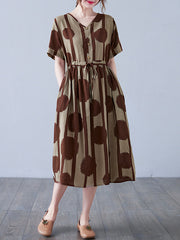 Retro Printed V-Neck Short Sleeve Midi Dress