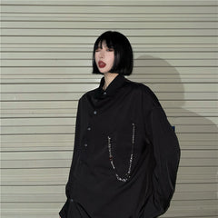 Diagonal Placket Asymmetric Metal Chain Blouses Shirts Top