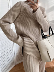 Women Round Neck Solid Color Casual Two-Piece Suit