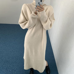 Loose Detachable Sleeve Long High Neck Pullover Sweater Dress
