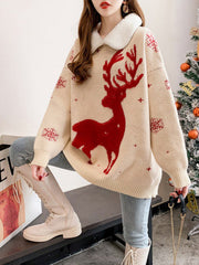 Christmas Elk Jacquard Lapel Collar Sweater