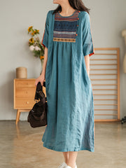 Retro Color Blocking Embroidery Midi Dress