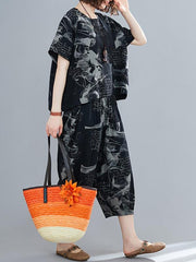 Loose Ink Prnted Wie-Leg Suits