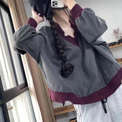 Casual V-Neck Stitching Plus Size All-Match Long Sleeve Top