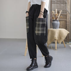 Retro Loose Stitching Pocket Plaid Jeans