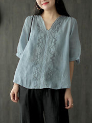 Ramie Loose Embroidered Solid V-Neck Shirt