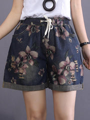 Vintage Loose Printed Elastic Waist Jeans Shorts