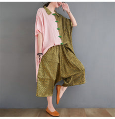 Loose Color Block Shirt Big Pocket Wide Leg Pants Suit
