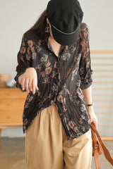 Retro Flora Printed Long Sleeve Blouse