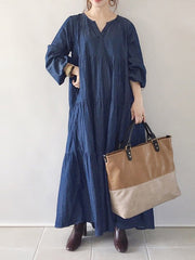 Loose Splicing V Neck Long Sleeve Maxi Dress